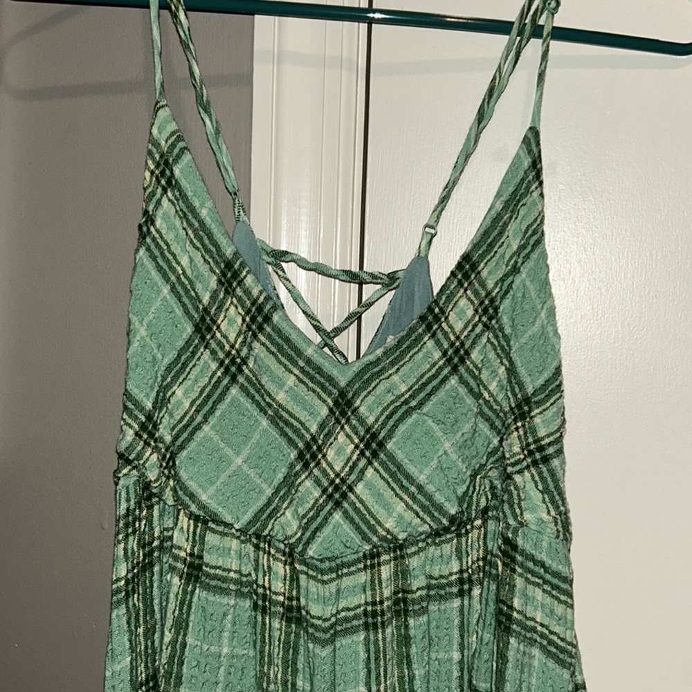 NWOT Urban Outfitters Light Green White Plaid Romper Sz Medium Pockets